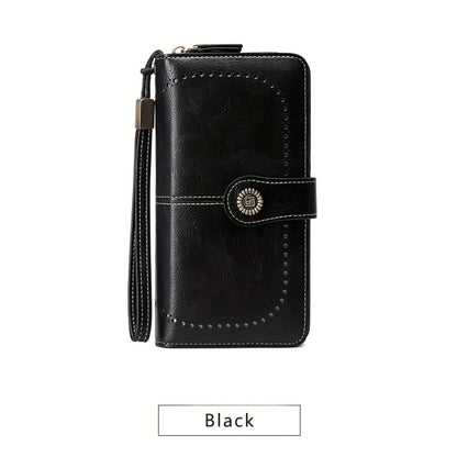 1pc RFID Blocking Long Wallet with 10 Practical Card Sleeves- Stylish Synthetic Leather Zipper Purse with Wrist Strap, Multi-Functional Card Holder for Women