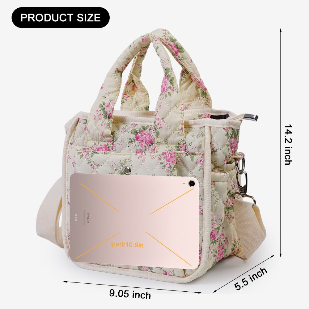 Floral Quilted Tote Bag for Women, Cute Crossbody Shoulder Purse with Pockets, Everyday Handbags