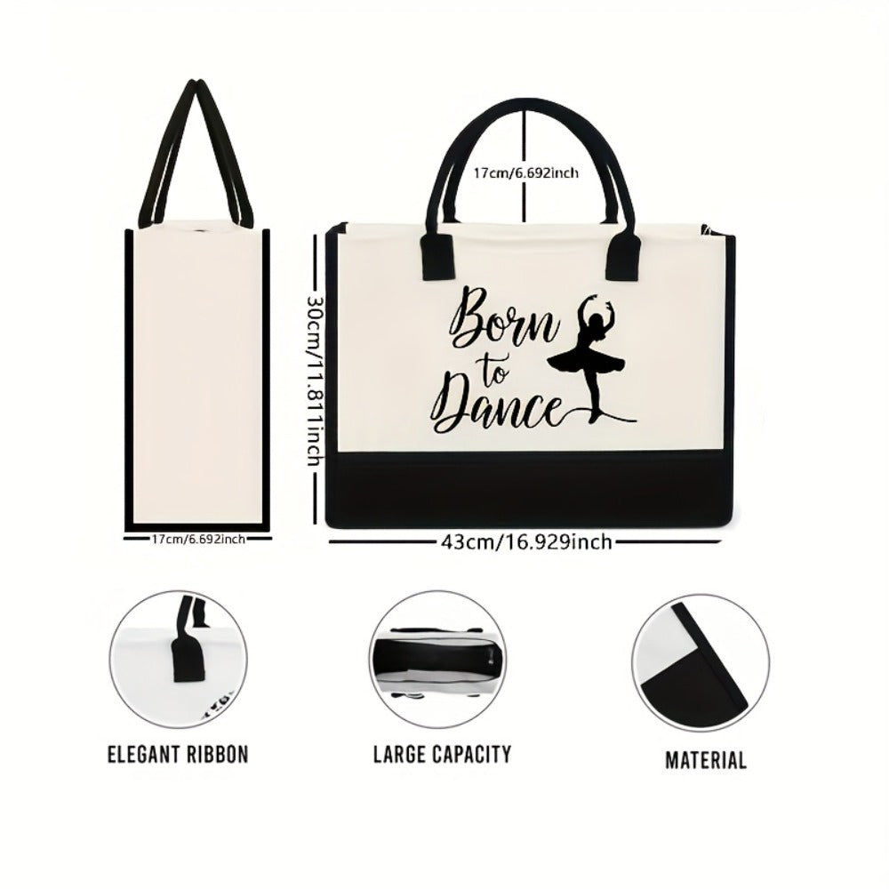1pc of a Large Capacity Tote Bag Titled 'Born to Dance', Which Is Lightweight And Foldable, Featuring a Black Border And a Dancer Silhouette. It Makes an Ideal Gift for Dancers, Teachers, And for Everyday Use As a Dance Bag
