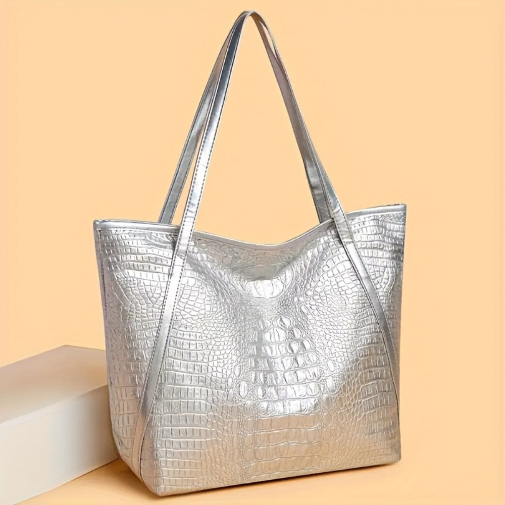 Stylish Black Crocodile-Print Women's Handbag - Large Capacity Scratch-Resistant Tote with Zipper Closure, Fixed Shoulder Strap & Cosmetic Pouch for Shopping, Commuting, Parties