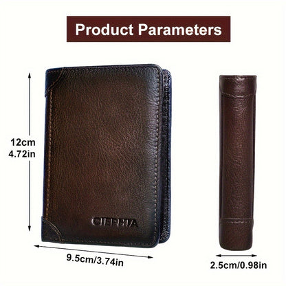 1pc Men's Genuine Leather Zipper Wallet, Top Layer Cowhide RFID Blocking Wallet, Vintage Multi-functional Wallet with 2 ID Card Windows, Ideal Gift for Men