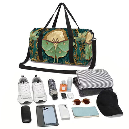 [Gym Yoga Sports Bag] Moonlit Elf Green Moth & Retro Floral Print | Unisex Polyester Gym Yoga Bag, Large - Capacity Sports Bag with Side & Inner Pockets, Adjustable Strap, Luggage - Friendly, Machine - Was