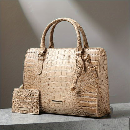 Set of 2pcs Featuring a Crocodile Pattern in Faux Leather, with a Roomy Interior, a Trendy Shoulder Strap, And a Fashionable Clutch Purse. This Stylish Accessory Is Perfect for Work, Everyday Use, And Special Events - Made with Premium Quality