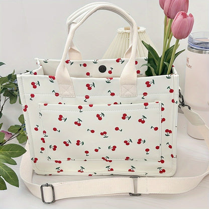 Tote Bag for Women Patched Purse Cute Shoulder Bag Multi-Pocket Satchel Handbag for Work Travel, Strawberry, Cherry, Daisy
