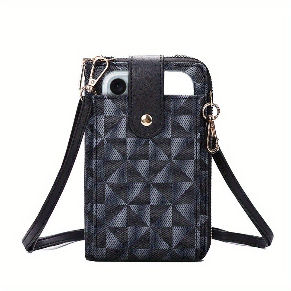 Women's Compact Crossbody Phone Wallet - Adjustable Strap, Outdoor Leisure Multi-Purpose Bag with Multiple Credit Card Slots & Zipper Closure, Blue & Brown Geometric Pattern, Durable Mini Shoulder Bag for Everyday Essentials, Perfect Valentine's Day Gift,