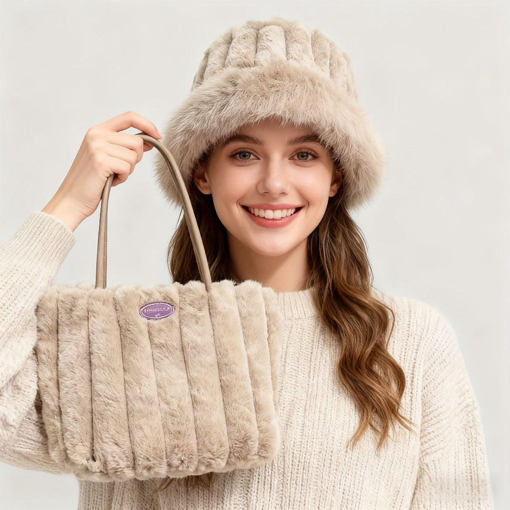 2pcs Women'S Fleece-Lined Shoulder Bag And Bucket Hat Set, Warm And Thickened, Versatile for Autumn And Winter Daily Wear