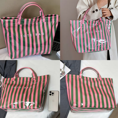 New Large Capacity Women'S Handbag, Striped Pattern Easy Style Tote Bag, Lightweight Daily Commute Handbag Work Bag, Shopping Outing Phone Bag Wallet, Item Storage Bag, Fashionable And Grand Handheld Bag