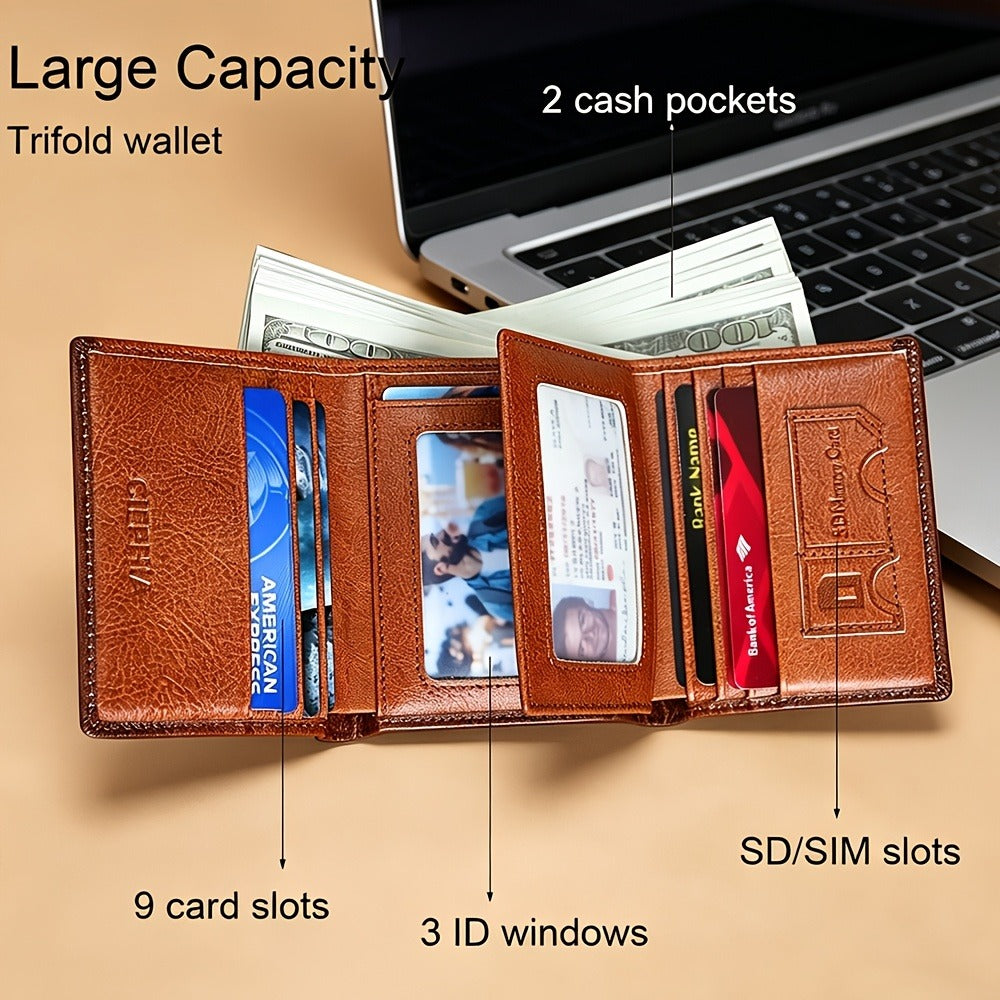 Men's Genuine Leather Bifold/Trifold Wallet, First Layer Cowhide RFID Blocking Vintage Wallet, Multi Function Credit Card Holder, Money Clips Gifts for Him Father's Day/Valentine's Day/Anniversary Gifts