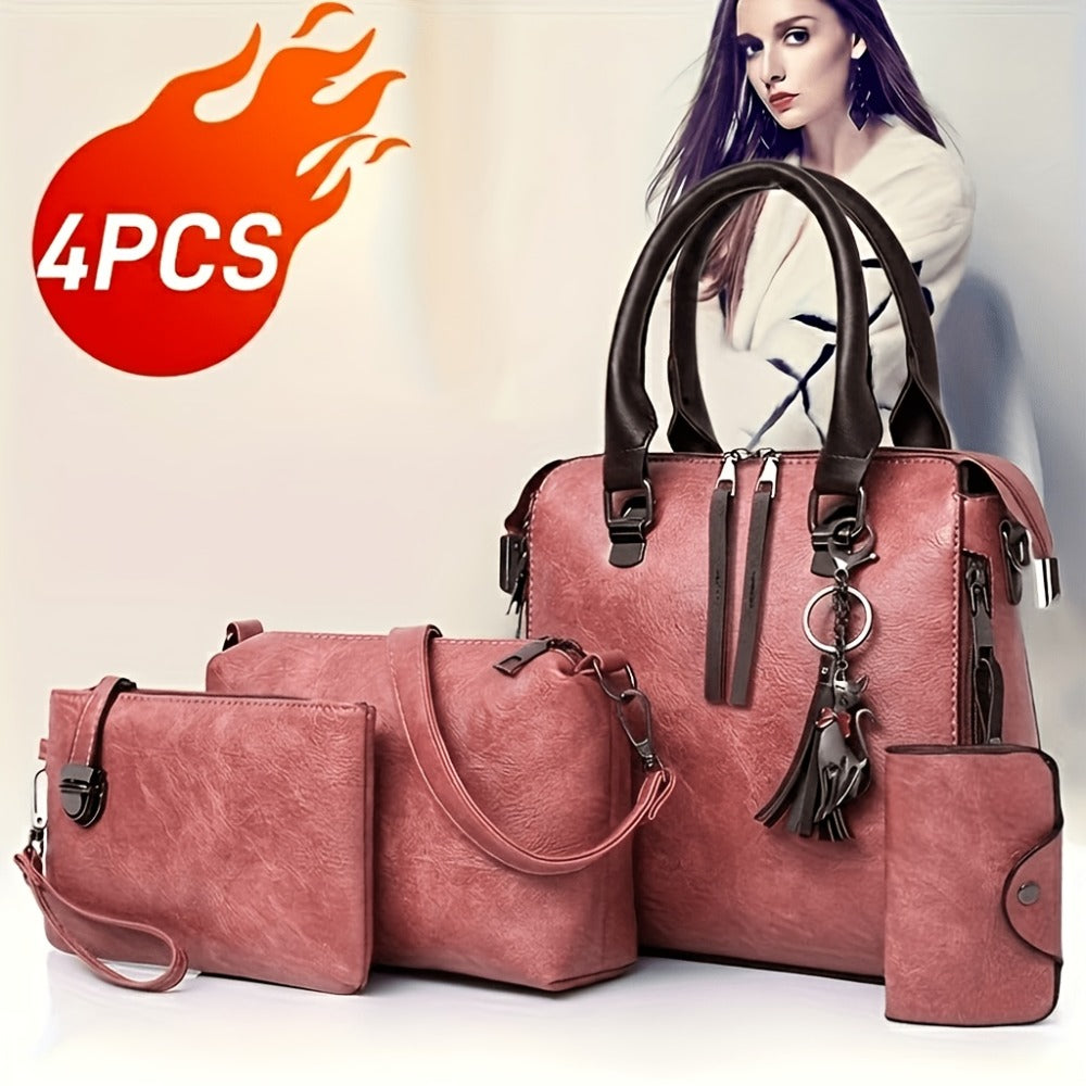 Fashionable And Versatile 4pcs Women's Bag Set, Retro Tote Bag, Crossbody Shoulder Bag, Handbag, Wallet, Oil Wax PU Tassel Tote Bag, Exquisite Y Scarf, Meeting The Needs Of Daily Commuting, Travel, for Best Birthday Gifts