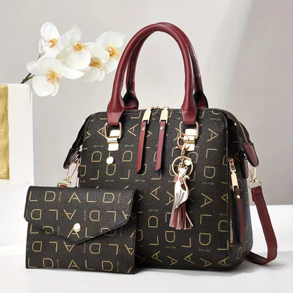 Fashion Alphabet Printed Handbag 2pcs Clash Color Crossbody Casual Work Ladies Bag Tassel Charm Gift Women's Bag Set