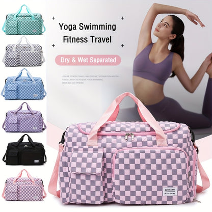 2pcs Checkered Travel Duffel Bag with Makeup Bag for Women Fordable Gym Bag Carry On Weekender Bag with Shoe Compartment