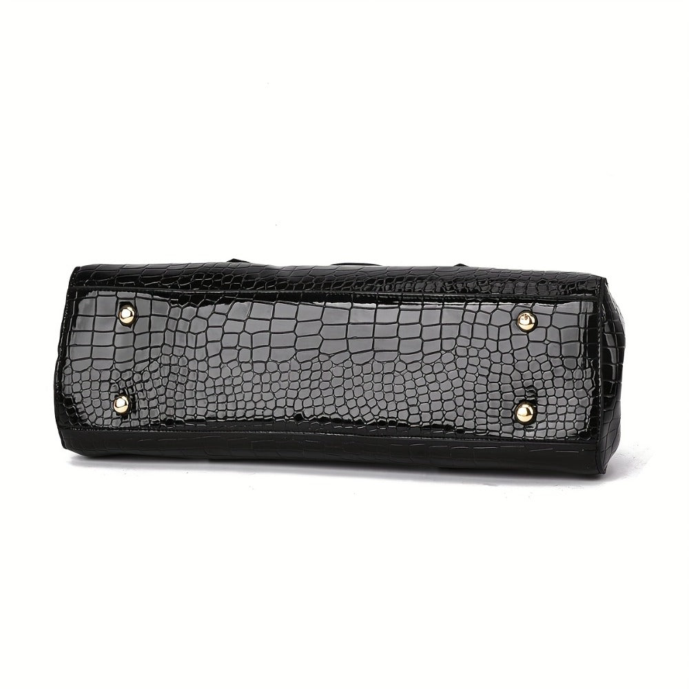 Women's Handbag, Shoulder Bag, and Tote Bag with High-Gloss Crocodile-Embossed Textured Pattern, Randomly Cut, Shoulder Bag, Crossbody Bag, Tote Bag with Metal Round Lock Clasp