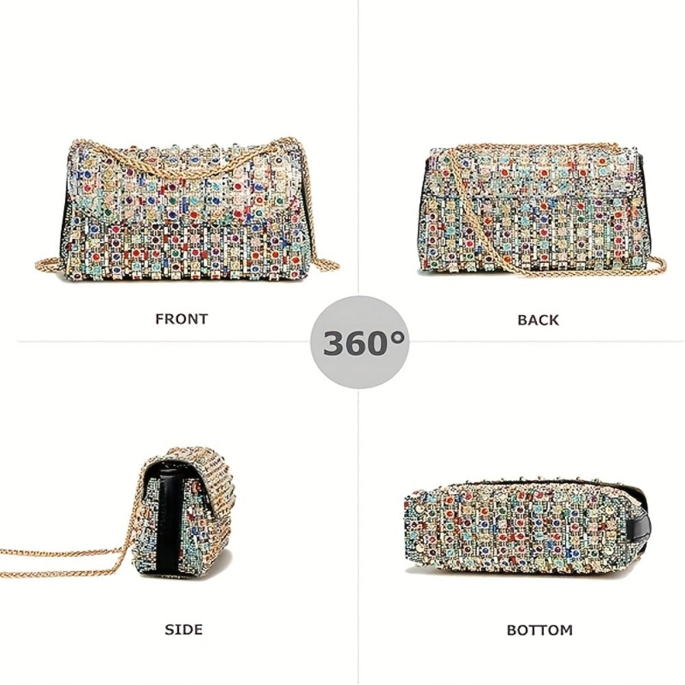 Rhinestone Clutch Bag Women'S Evening Bag, Sparkling Handheld Party Wallet, Texture, Full Diamond Heavy Decoration, Large Capacity, Golden Chain Shoulder Strap, Suitable For Dinner, Party, Formal Events, Halloween Gifts, Christmas Gifts