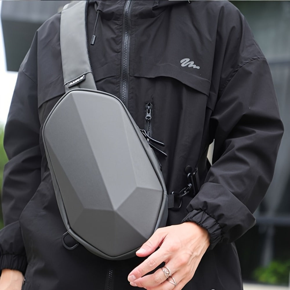 Geometric Sling Chest Bag with USB Charging Port, Hard Shell Crossbody Pack for Hiking Cycling