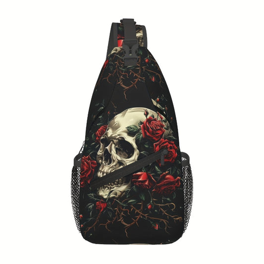 Crossbody Chest Hiking Backpack Skull And Red Roses Shoulder Folding Large Capacity Fashion Durable Can Be Used For Shopping, Work, Travel Beach Fishing Backpack Halloween Travel Backpack For School Back Christmas Gifts