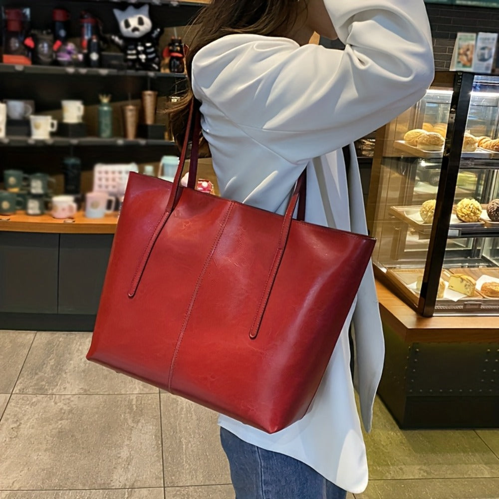 High-quality Oil and Wax Genuine Leather Tote Bag, Double-compartment Zipper Inner Pocket Design, Large-capacity Portable Crossbody Bag, Elegant Shoulder Bag