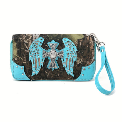 Camouflage Cross Wing Western Studded Handbag Workwear Synthetic Leather Wallet Rustic Women's Shoulder Bag Purse Set