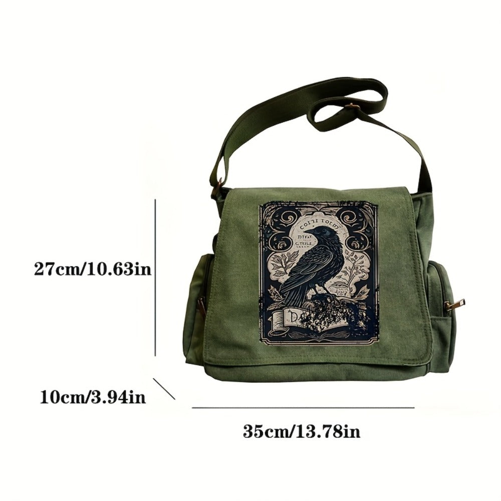 Large-Capacity Retro Crow Print Tote & Crossbody Bag Suitable for Men & Women, Adjustable Strap Shoulder Handbag with Crow, Zipper Closure Flip Tote, Messenger Bag for Travel,,, Gift