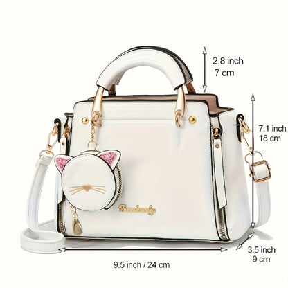 Fashion Ladies Top Handle Satchel Bags - Small Purses And Handbags For Women Teenage Girls - With Kitten Pendant -  Suitable for Everyday Use & Parties - Perfect Gift for Teenagers & Young Women