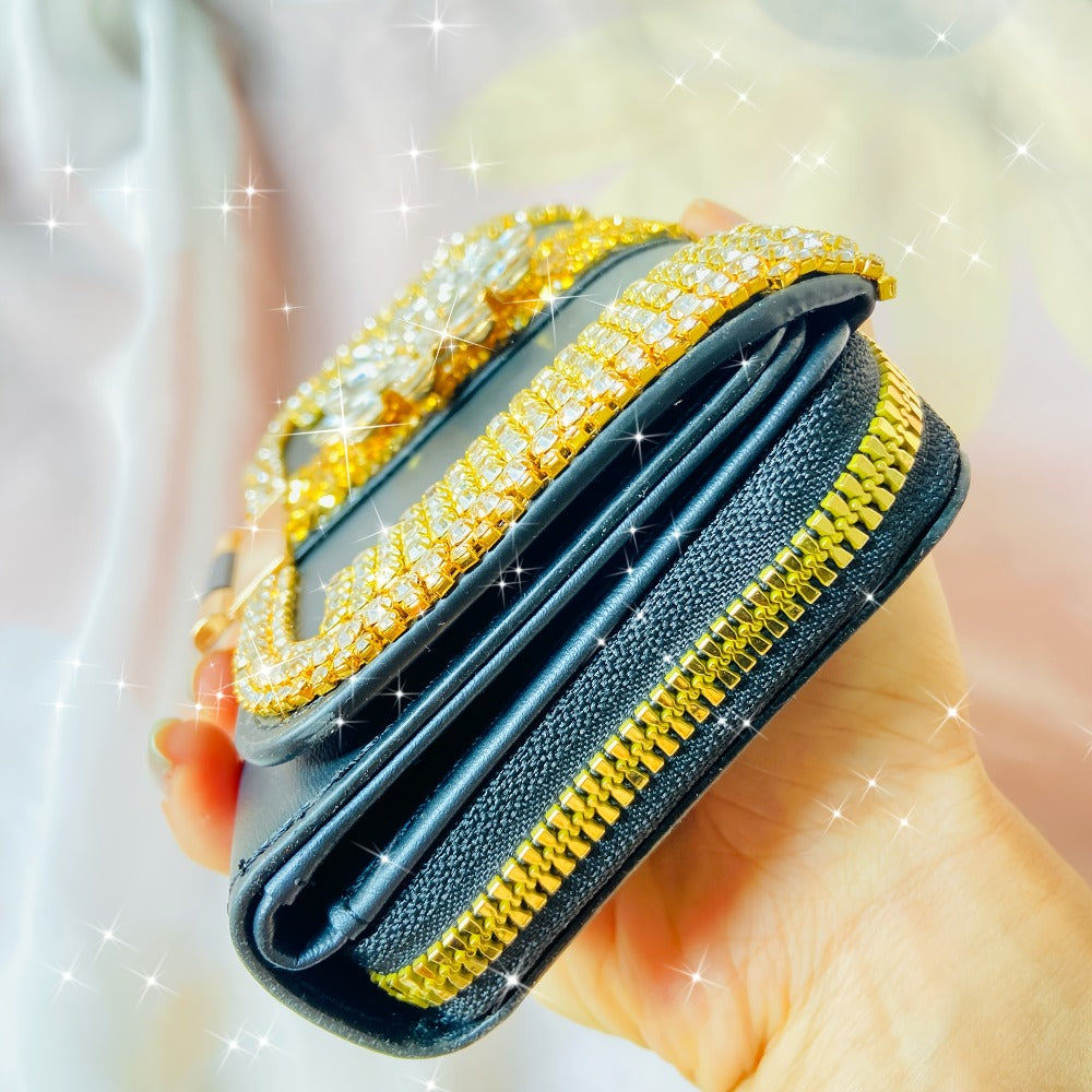 Handmade Luxury Vintage Women'S Wallet with Heavy Rhinestone Embellishment - Large Capacity Cash And Card Holder, Snap Closure, for Weddings, Parties, Everyday Use - Sparkling Rhinestone Treasure Chest Handbag Wallet