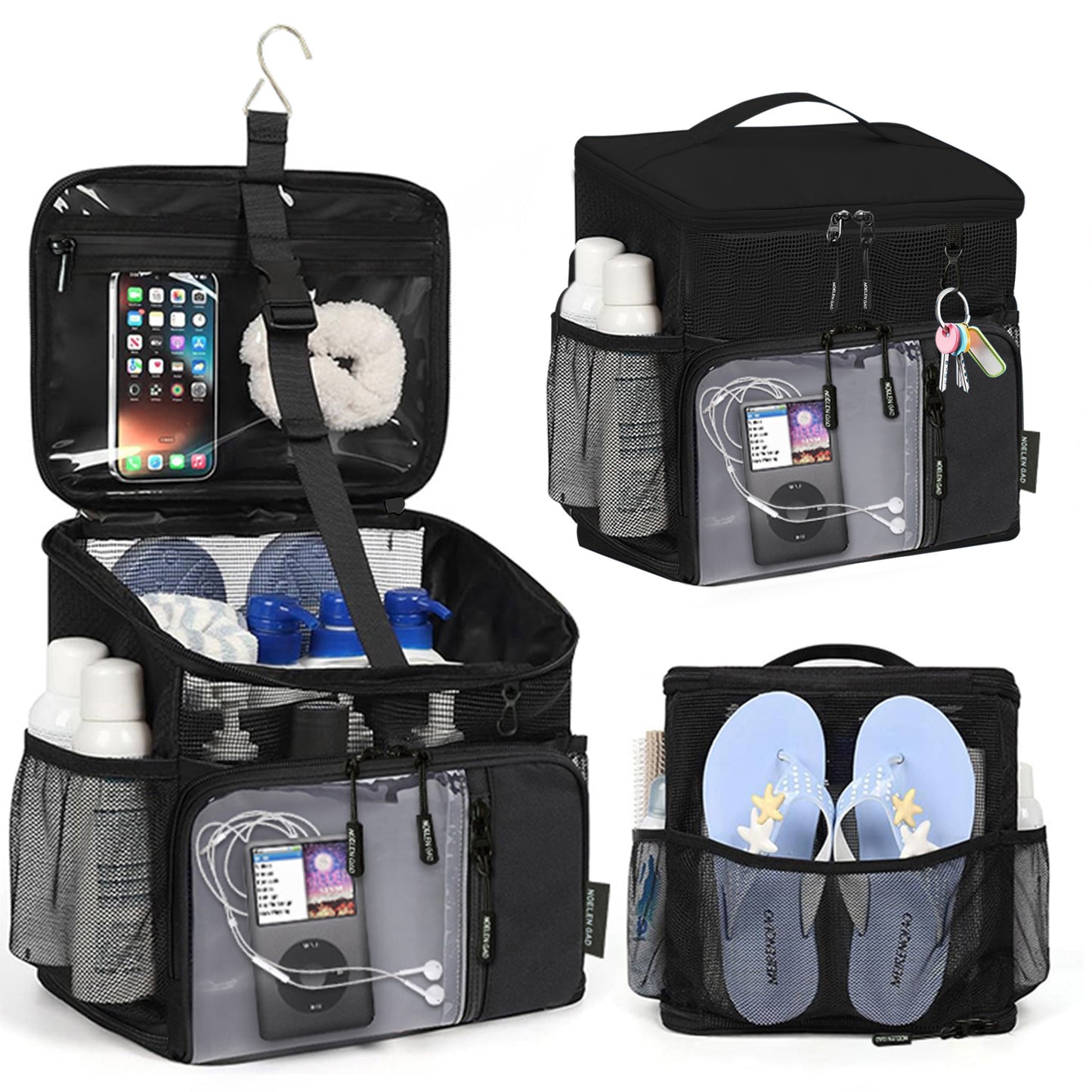 Portable Shower Organizer, Mesh Tote, Fast-Drying Hanging Toiletry Bag with Handle, Suitable for Both Men And Women, for Bathroom Gym Travel And Camping, for College Dorms, Black