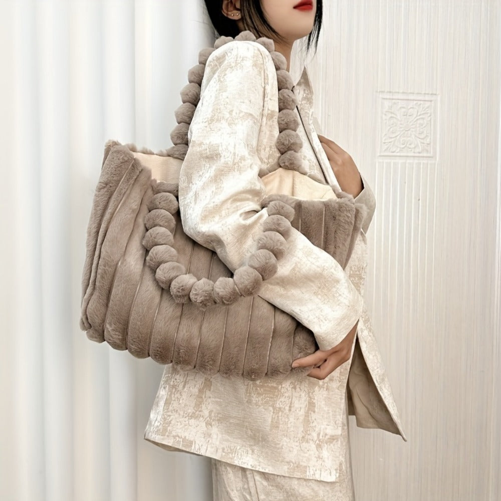 [Large Capacity Tote] Korean Fashion Large Capacity Tote Bag, Versatile Plush Shoulder Bag, New Fashion Solid Color Handbag
