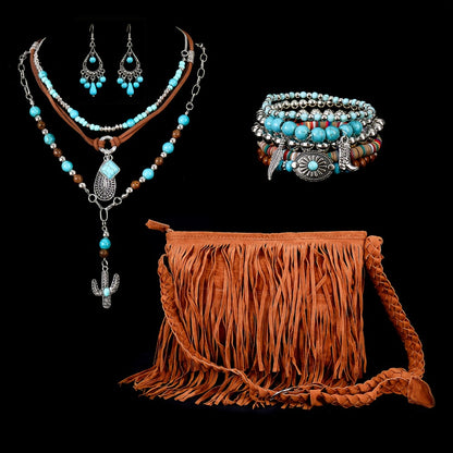 [Western-style Jewelry Set] 10pcs Western-style Jewelry Gift Set for Women | Hat, Fringed Crossbody Bag, Single-shoulder Bag, Wallet, Turquoise Imitation Necklace, Bracelet And Earrings - Suitable for Daily Vacation And Travel