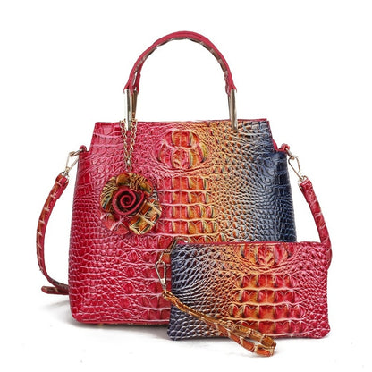 Women'S 2pcs Handbag Set Featuring Crocodile Design, Chic Faux Leather Tote Accompanied by a Coordinating Clutch And Wallet, Retro Style Crossbody Bag