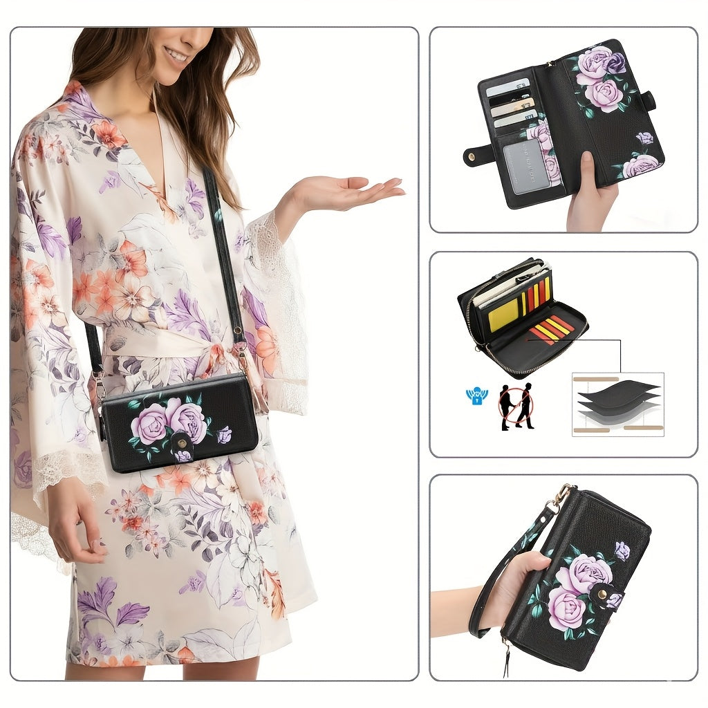 1pc Elegant Floral Clutch Wallets for Women- Zipper Handbag Fashion Large Capacity Long Wallet Clutch Bag Phone Bag Multi-card Card Holder Coin Purse for Women Wallet Set