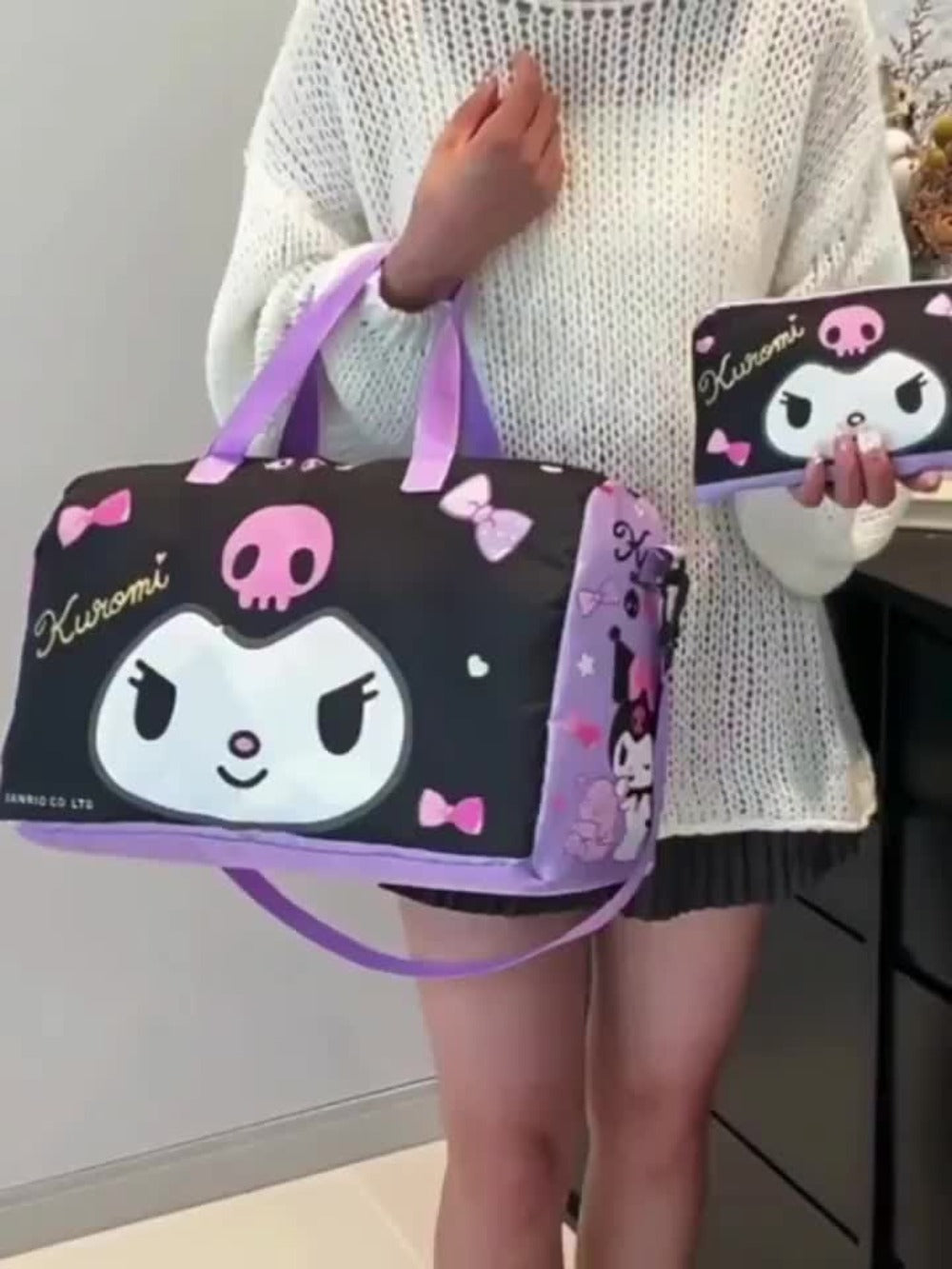 Sanrio KT Cat Stroller Travel Bag Storage Cosmetic Bag Two-Piece Kurumi Hand-Held Short-Distance Luggage Bag Large Capacity Gym Bag