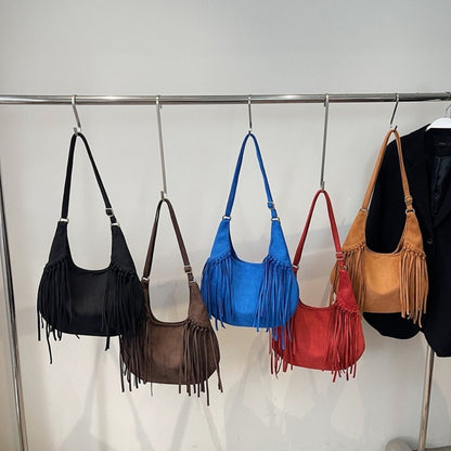 Women's Vintage Large Capacity Dumpling Bag - / Crossbody Purse with Tassel Fringe, Detachable Strap & Button Closure, Underarm Handbag for Fall/Winter (///) - Casual & Dressy Outfits