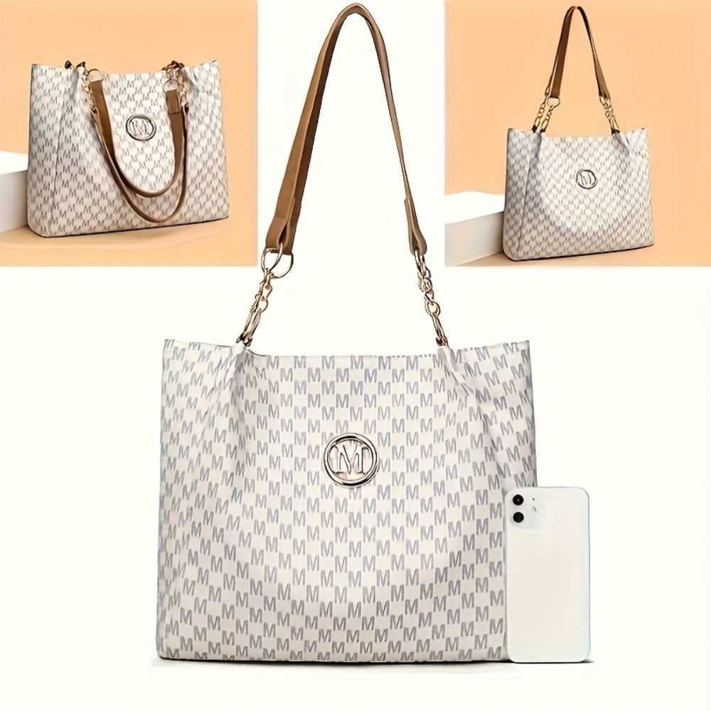 Stylish Handbag for Women Featuring a Golden Chain Shoulder Strap And an 'M' Emblem - Made of Synthetic, Available in Light Brown, White, And Black, with a Houndstooth Design, Zipper Closure, And Lining