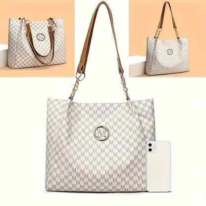 Stylish Handbag for Women Featuring a Golden Chain Shoulder Strap And an 'M' Emblem - Made of Synthetic, Available in Light Brown, White, And Black, with a Houndstooth Design, Zipper Closure, And Lining