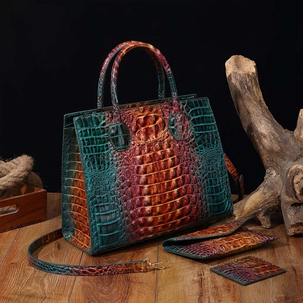 3pcs Colorful Crocodile Pattern Bag Set, Gradient Color Handbag, Women Tote Bag with Clutch Wallet And Credit Card Holder Coin Purse