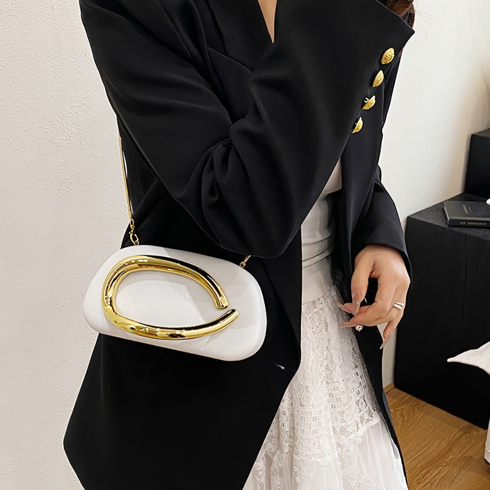 Women'S Evening Clutch with Golden Metal Handle And Removable Chain Shoulder Strap, Minimalist Acrylic Bag Perfect for Weddings And Parties, Designed with Magnetic Closure, Lining, Coin Pocket, And Photo Compartment