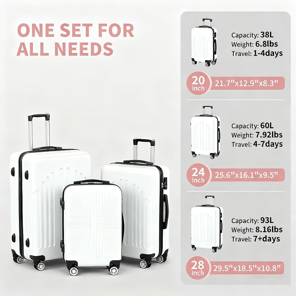 Three-Piece Luggage Set, Featuring Suitcase Collections with Four Spinner Wheels, a Lightweight Trolley Travel Case Suitable for Carry-On And Check-In During Business Trips, Available in Sizes 20", 24", And 28"