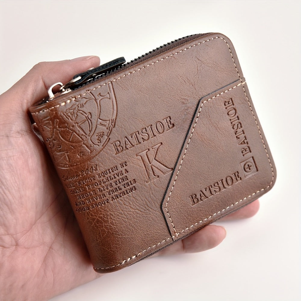 1pc Faux Leather Wallet for Men - Premium Retro Letter Embossed Design, Multiple Credit Card Slots, Zipper Closure, Stylish Gift for Gentlemen