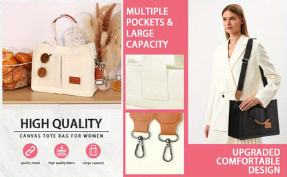Large Capacity Multi-Pocket Tote Bag with Adjustable Crossbody/Handheld Strap, Wrist Strap & Button Closure - // Handbag for Work, Travel, Shopping - Casual Durable Handheld Bag