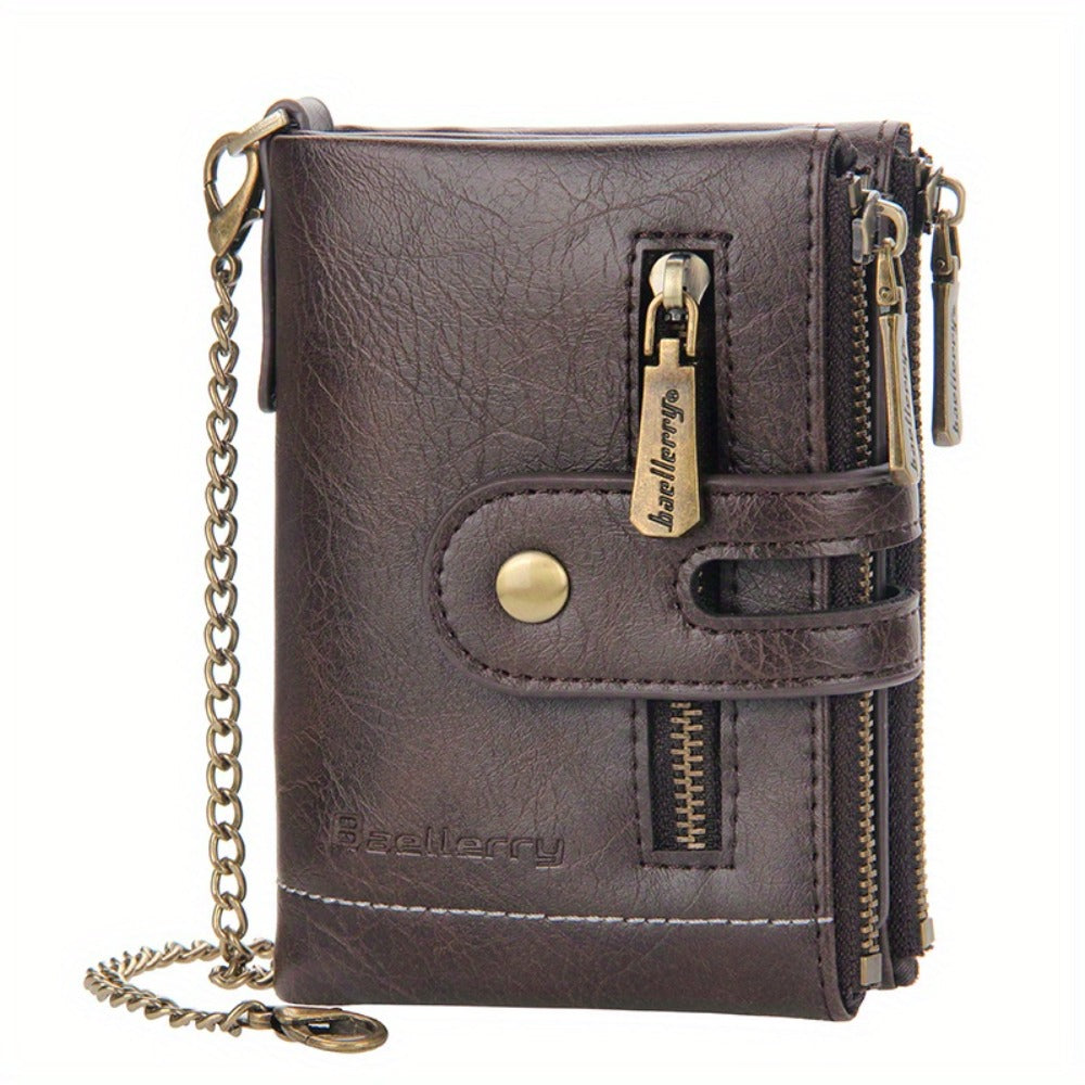 Vintage Men With Chain PU Leather Bifold Wallet For Double Zipper Anti-Theft Coin Pocket Card Holder Cash Billfold Front Pocket