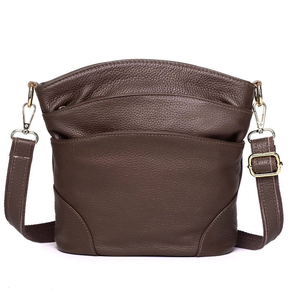 [Elegant Style] Genuine Leather Women'S Crossbody Bag, Double Pockets, Detachable Shoulder Strap, Zipper Closure, Multi-Functional Shoulder Bag, Satchel Bag