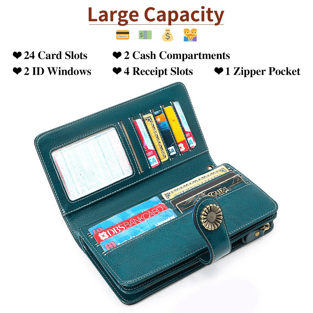 Wallets for Women RFID Blocking, Long Genuine Leather Wallet with 24 Card Slots & Phone Pocket, Large Capacity Zipper Wristlet, Gift Box for Daily Use, Sunflower Print