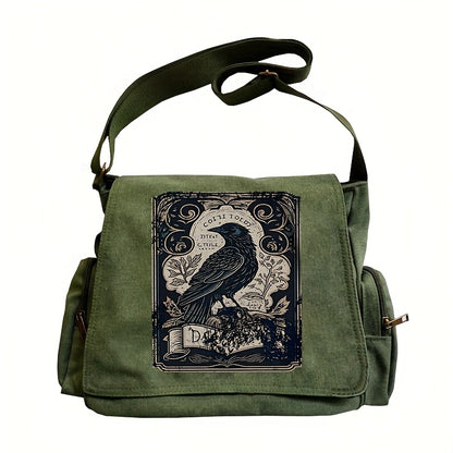 Large-Capacity Retro Crow Print Tote & Crossbody Bag Suitable for Men & Women, Adjustable Strap Shoulder Handbag with Crow, Zipper Closure Flip Tote, Messenger Bag for Travel,,, Gift