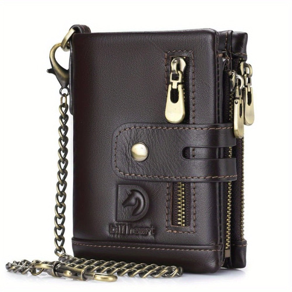 Men'S Wallet with Chain, Leather Short Wallet, RFID Shielding Card Clip, Double Zipper Change Bag, Anti-Theft Wallet, Ideal Gift for Men