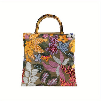 [Retro Bamboo Tote] Premium Retro Bamboo Tote Bag | Women's Hand Carry Heavy Industry Embroidery Color Sequins Tide Dinner Bag