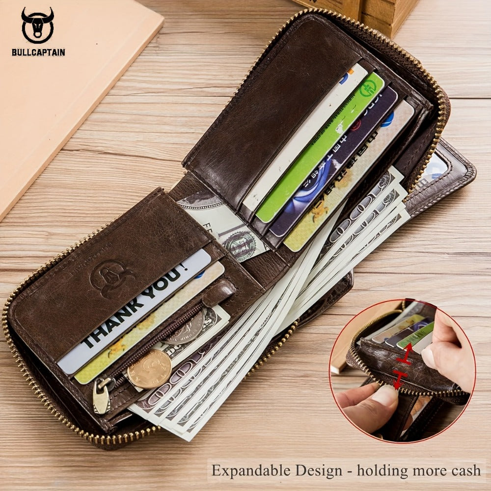 [Genuine Leather Wallet] BULLCAPTAIN Genuine Leather Wallet for Men Large Capacity ID Window Card Case with Zip Coin Pocket