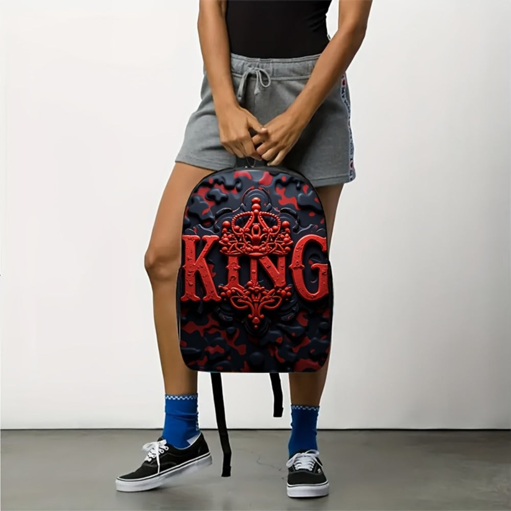 1 Summer Printed Men's Backpack - "KING" Design, Bright Red and Black Blocks, Cool and Practical, Suitable for Students and Young Professionals, Casual Day Backpack | Backpack, Valentine's Day Gift