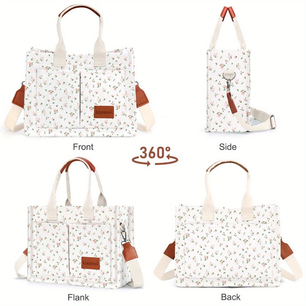 Chic Floral Canvas Tote Bag for Women, Versatile Shoulder & Crossbody Laptop Handbag, Sturdy Handle Construction, Multiple Pockets, Perfect for Work and Daily Commuting