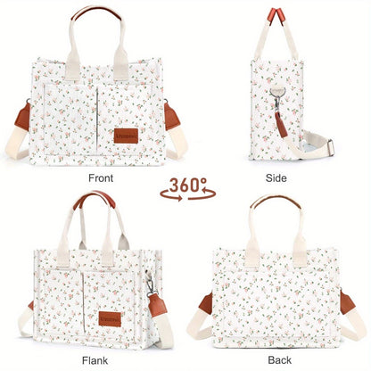 Chic Floral Canvas Tote Bag for Women, Versatile Shoulder & Crossbody Laptop Handbag, Sturdy Handle Construction, Multiple Pockets, Perfect for Work and Daily Commuting