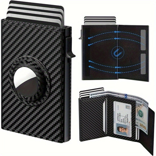 Premium Genuine Leather & Carbon Fiber Men's Wallet with RFID Blocking, AirTag Slot, Pop-Up Card Case-Ultra-Slim Design Holds 14 Cards+ID Window & Cash Pocket (AirTag Not Included)