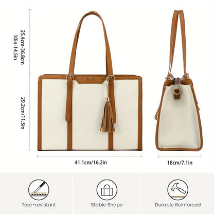 [Canvas Leather Laptop Tote] LOVEVOOK 15.6 inch Canvas Leather Laptop Tote Bag for Women - Computer bag with Clutch Purse for Business, Travel, Casual